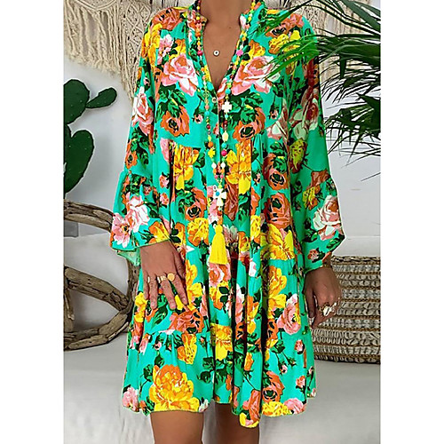 

Women's Chiffon Dress Short Mini Dress Multicolor_1 Yellow Green Rainbow Orange Dark Gray Red Long Sleeve Color Block Summer V Neck Elegant 2021 S M L XL XXL 3XL 4XL 5XL