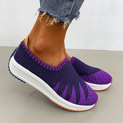 

Women's Sneakers Flyknit Shoes Cuban Heel Round Toe Booties Ankle Boots Sporty Mesh Imitation Pearl Color Block Purple Yellow Light Red