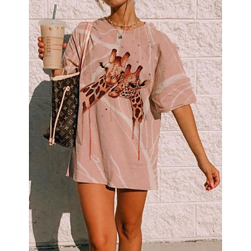 

Women's T Shirt Dress Tee Dress Short Mini Dress Blushing Pink Short Sleeve Animal Print Summer Round Neck Casual Loose 2021 S M L XL XXL 3XL