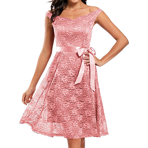 

A-Line Elegant Vintage Party Wear Cocktail Party Dress Off Shoulder Short Sleeve Knee Length Lace with Sash / Ribbon Pleats 2021