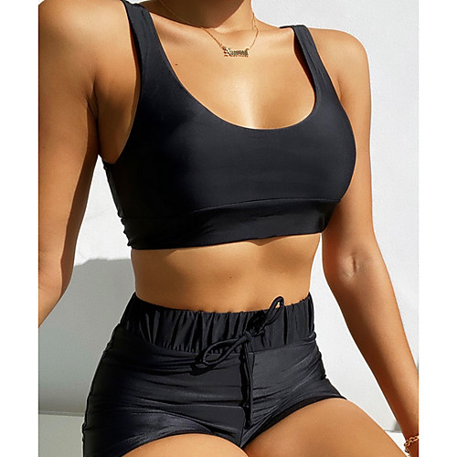 

Women's Bikini 2 Piece Swimsuit Open Back Slim Solid Color Abstract Black Swimwear Padded Crop Top Strap Bathing Suits New Fashion Sexy / Padded Bras