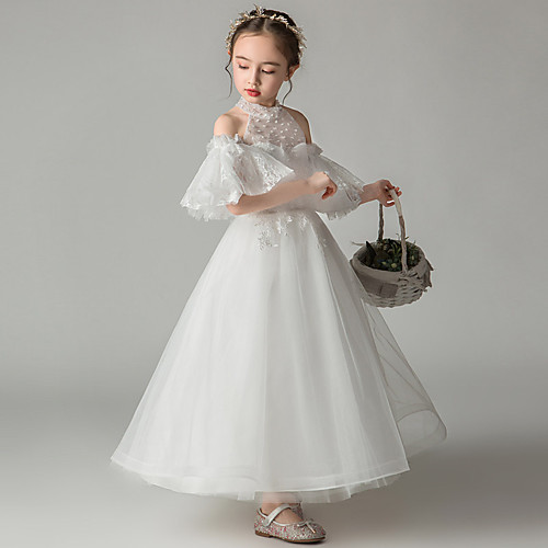 

Princess Ankle Length Flower Girl Dresses Event / Party Tulle Short Sleeve High Neck with Beading / First Communion