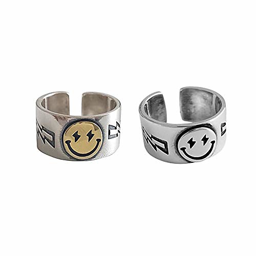

Smiley Face Ring Wide Chunky Adjustable Vintage Silver Smiling Open Ring for Women Men