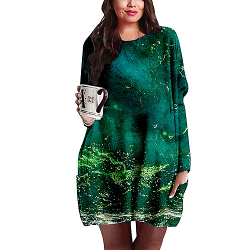 

Women's Plus Size Dress Shift Dress Short Mini Dress Long Sleeve Print Color Block Print Casual Spring & Fall Green XL XXL 3XL 4XL 5XL