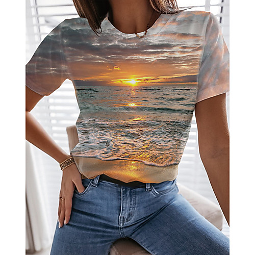 

Women's Holiday 3D Printed Painting T shirt Graphic Scenery 3D Print Round Neck Basic Beach Tops Yellow Green Gray