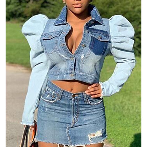 

Women's Denim Jacket Daily Spring & Fall Short Coat Regular Fit Casual Jacket Long Sleeve Solid Colored Blue