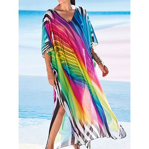 

Women's Swimsuit Cover Up Beach Top Swimsuit Oversized Mesh Color Block Abstract Photo Color Swimwear T shirt Dress Tunic V Wire Bathing Suits New Fashion Sexy / Slim