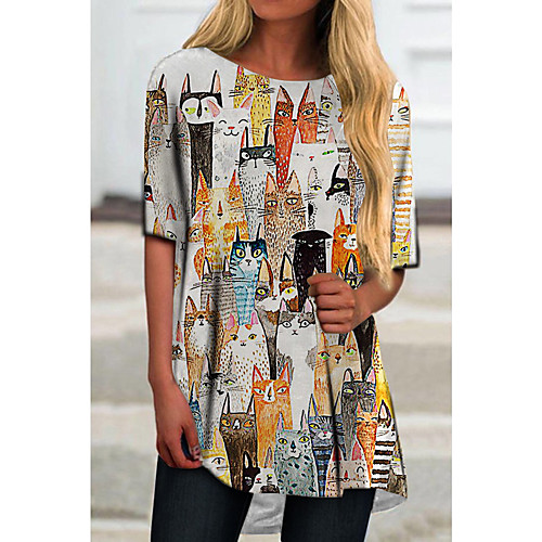 

Women's T Shirt Dress Tee Dress Short Mini Dress Blue Yellow Green White Black Half Sleeve Cat Color Block Animal Print Spring Summer Round Neck Casual Holiday 2021 S M L XL XXL 3XL