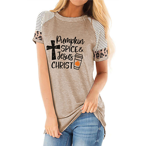 

Women's T shirt Graphic Text Letter Round Neck Tops Basic Basic Top Khaki