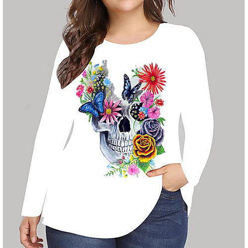 

Women's Plus Size Tops T shirt Floral Graphic Skull Print Long Sleeve Round Neck Green Red Big Size XL XXL 3XL 4XL 5XL / Holiday