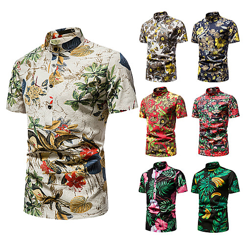 

Men's Shirt Other Prints Abstract Short Sleeve Daily Tops 100% Cotton Standing Collar Black / Red Red / White Green / Red