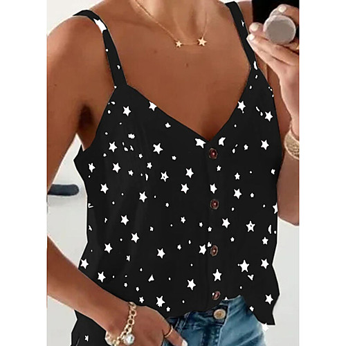 

Women's Going out Camisole Blouse Star Print V Neck Sexy Tops White Red Black