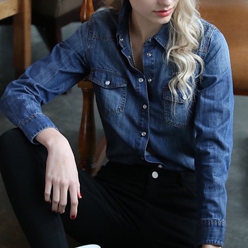 

Women's Denim Jacket Daily Summer Regular Coat Shirt Collar Regular Fit Jacket Long Sleeve Solid Colored Picture color / Cotton