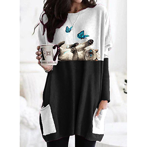 

Women's 3D Cat T shirt Dress Cat Graphic Butterfly Long Sleeve Patchwork Print Round Neck Basic Tops Black Gray