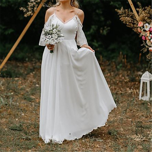 

Sheath / Column Wedding Dresses V Neck Spaghetti Strap Sweep / Brush Train Chiffon 3/4 Length Sleeve Romantic Simple Beach with Bow(s) Pleats 2021