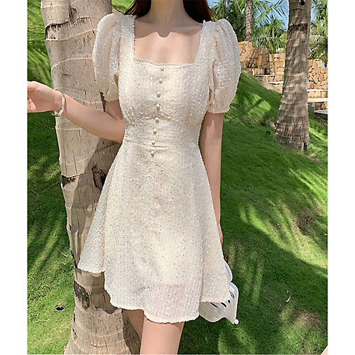 

A-Line Minimalist Elegant Homecoming Party Wear Dress Scoop Neck Short Sleeve Short / Mini Chiffon with Buttons 2021