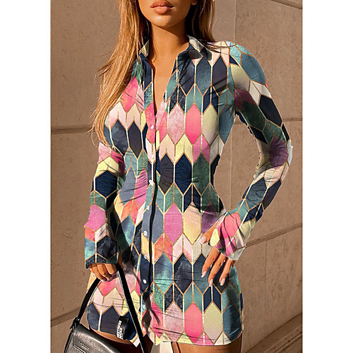 

Women's Bodycon Short Mini Dress Blue Rainbow White Black Long Sleeve Heart Geometry Stars Printing Fall Spring & Summer Shirt Collar Casual Sexy 2021 S M L XL XXL