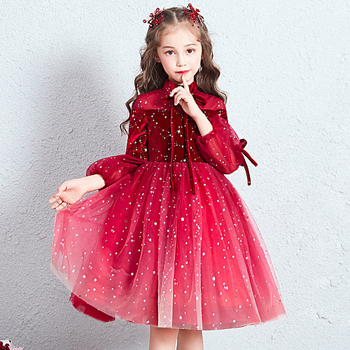 

Princess Knee Length Flower Girl Dresses Party Chiffon Long Sleeve High Neck with Bow(s)