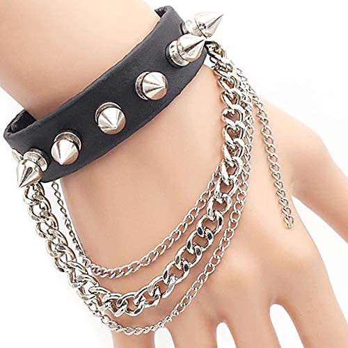 

Leather Bracelet Gothic Chain Rivet Bracelet Hip Hop Alloy Chain Metal Spike Studded Rivet Wristband Adjustable Punk Rock Rivet Wrap Cuff Bangle Bracelet Set for Men Women, Black