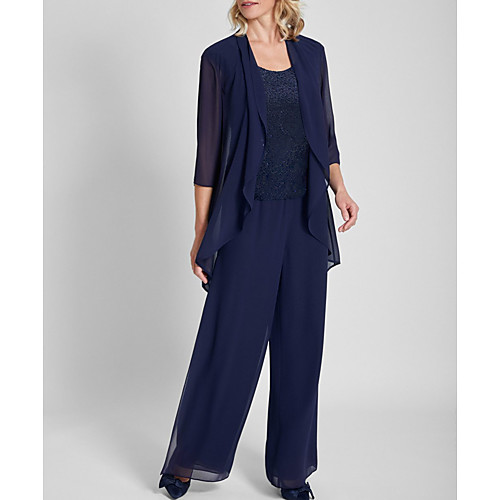 

Pantsuit / Jumpsuit Mother of the Bride Dress Elegant Jewel Neck Floor Length Chiffon Lace 3/4 Length Sleeve with Appliques 2021