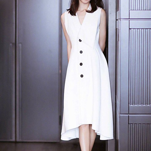 

Sheath / Column Minimalist Elegant Graduation Cocktail Party Dress V Neck Sleeveless Tea Length Satin with Sleek 2021