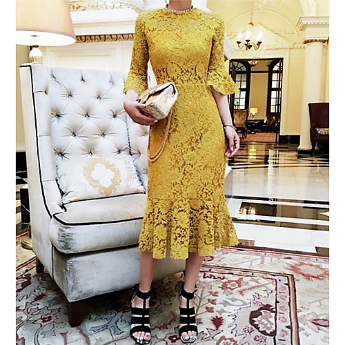 

Mermaid / Trumpet Maxi Minimalist Holiday Party Wear Dress Jewel Neck Short Sleeve Tea Length Lace with Lace Insert 2021
