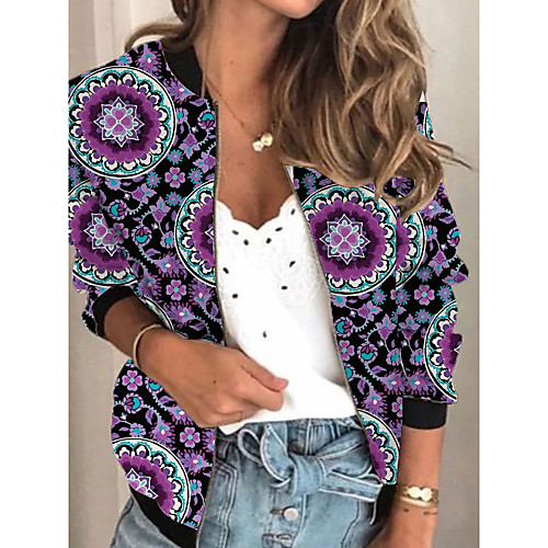 

Women's Jacket Daily Spring & Fall Regular Coat Regular Fit Active Streetwear Jacket Long Sleeve 3D Print Print Blue / Holiday