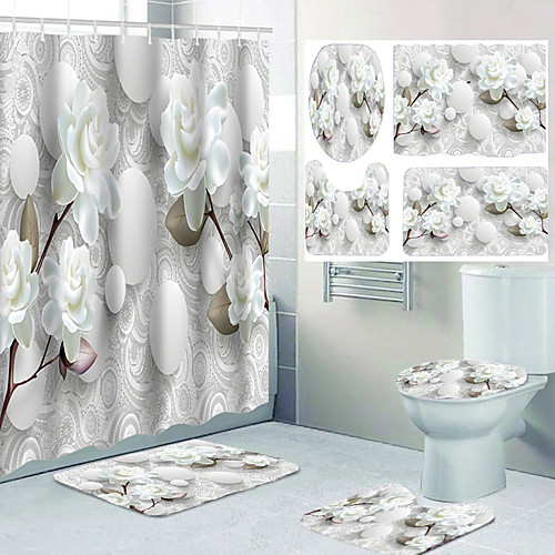 

White Flower Wallpaper Pattern Printing Bathroom Shower Curtain Leisure Toilet Four-piece Design