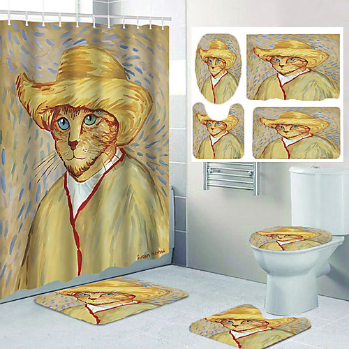 

Mr. Cat in a Hat Printed Bathroom Shower Curtain and Leisure Toilet Four-piece Set