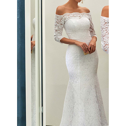 

Mermaid / Trumpet Wedding Dresses Off Shoulder Sweep / Brush Train Lace Long Sleeve Romantic with Appliques 2021