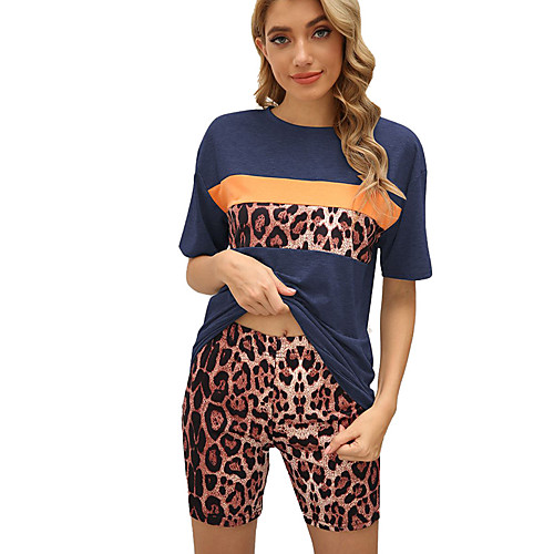 

Women's Basic Streetwear Leopard Daily Two Piece Set Crew Neck Tracksuit T shirt Loungewear Shorts Biker Shorts Tops / Loose