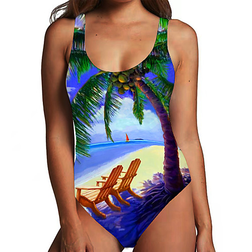 

Women's One Piece Monokini Swimsuit Tummy Control Print Tropical Leaf Blue Swimwear Bodysuit Strap Bathing Suits New Fashion Sexy / Padless