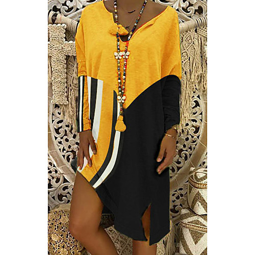 

Women's Shift Dress Maxi long Dress Blue Yellow Gray Orange White Red Long Sleeve Color Block Patchwork Summer V Neck Casual 2021 S M L XL XXL 3XL