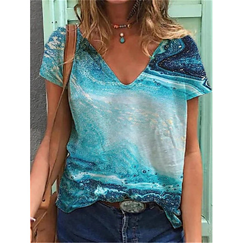 

Women's T shirt Graphic Print V Neck Tops Basic Basic Top Blue Purple Red