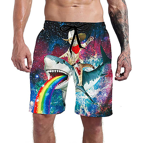 

Men's Casual Athleisure Daily Holiday Shorts Pants Shark 3D Print Short Drawstring Pocket Elastic Drawstring Design Blue Rainbow