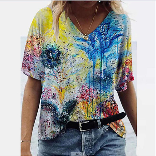 

Women's T shirt Floral Print V Neck Tops Boho Basic Top Blue