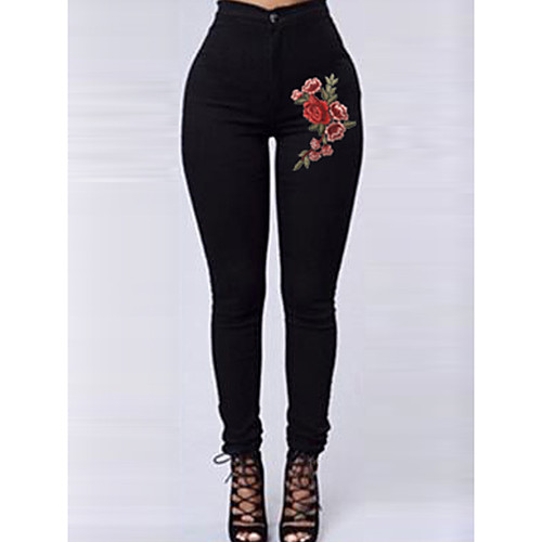 

Women's Streetwear Chino Comfort Casual Weekend Jeans Pants Graphic Flower / Floral Full Length Print White Black