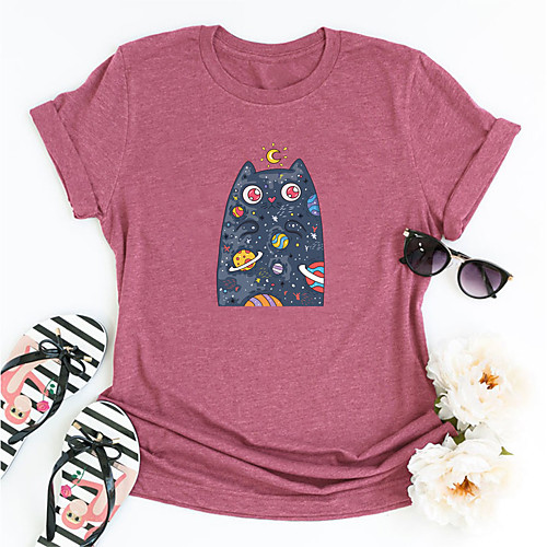 

Women's T shirt Galaxy Cat Graphic Print Round Neck Tops Basic Basic Top Black Blue Blushing Pink