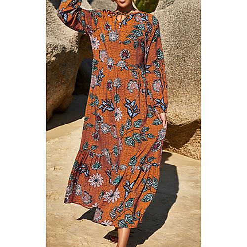 

Women's Shift Dress Maxi long Dress Orange Black Long Sleeve Floral Print Fall Summer Round Neck Elegant Casual 2021 S M L XL