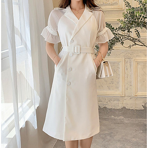 

A-Line Elegant Vintage Homecoming Cocktail Party Dress Shirt Collar Half Sleeve Tea Length Stretch Fabric with Sash / Ribbon 2021