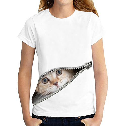 

Women's 3D Cat T shirt Cat Graphic 3D Print Round Neck Basic Tops 100% Cotton White