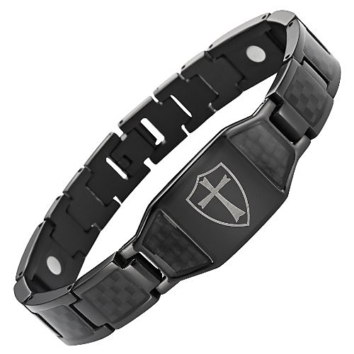 

Men's Black Titanium Magnetic Bracelet Knights Templar Cross Shield Black Carbon Fiber Adjustable