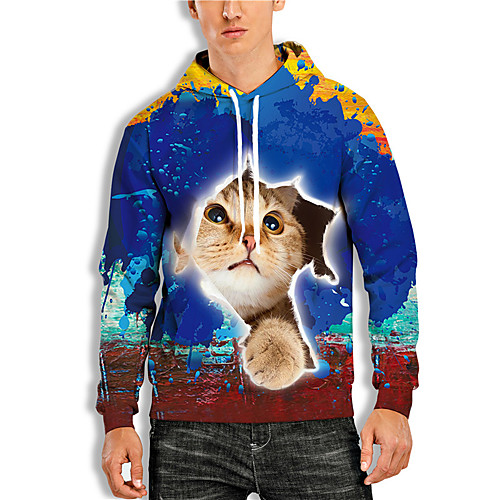

Men's Pullover Hoodie Sweatshirt Cat Graphic Prints Animal Print Hooded Daily Holiday 3D Print Basic Casual Hoodies Sweatshirts Long Sleeve Blue