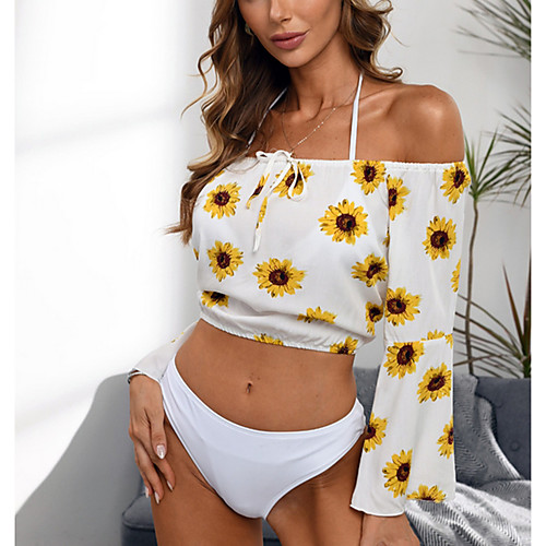 

Women's Tankini Swimsuit Cover Up Swimsuit Mesh Slim Floral Tropical White Swimwear Crop Top Blouse Off Shoulder Bathing Suits Sexy / Rash Guard / Padless