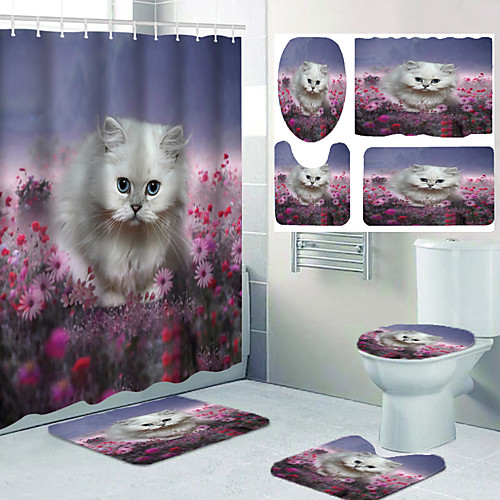 

Flower Cat Pattern Printing Bathroom Shower Curtain Leisure Toilet Four-piece Design