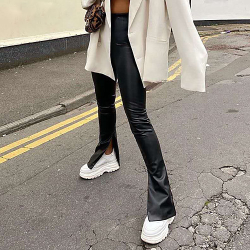 

Women's Stylish Streetwear Comfort Club Weekend Flare Pants Plain Ankle-Length Split Black