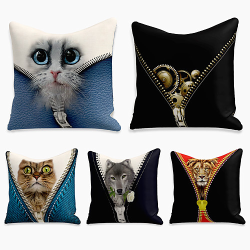 

5 pcs Faux Linen Pillow Cover, 3D Square Zipper Polyester Traditional Classic