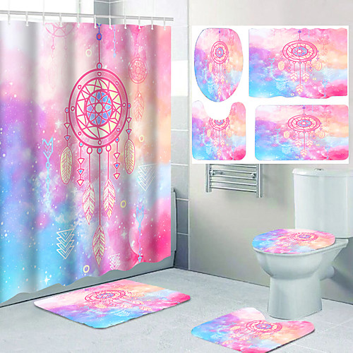 

Dreamcatcher Pink Light Color Fresh Pattern Bathroom Shower Curtain Leisure Toilet Four-piece Set Including Hooks and Cushions