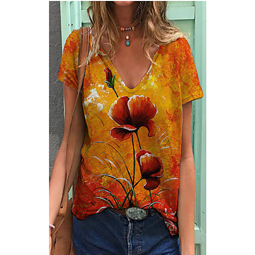 

Women's T shirt Dress Floral 3D Print V Neck Tops Basic Basic Top Orange