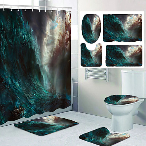 

The Rough Sea Wave Print Bathroom Shower Curtain Leisure Toilet Four-piece Design